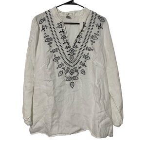 Susan Bristol White Linen Embroidered Long Sleeve Top